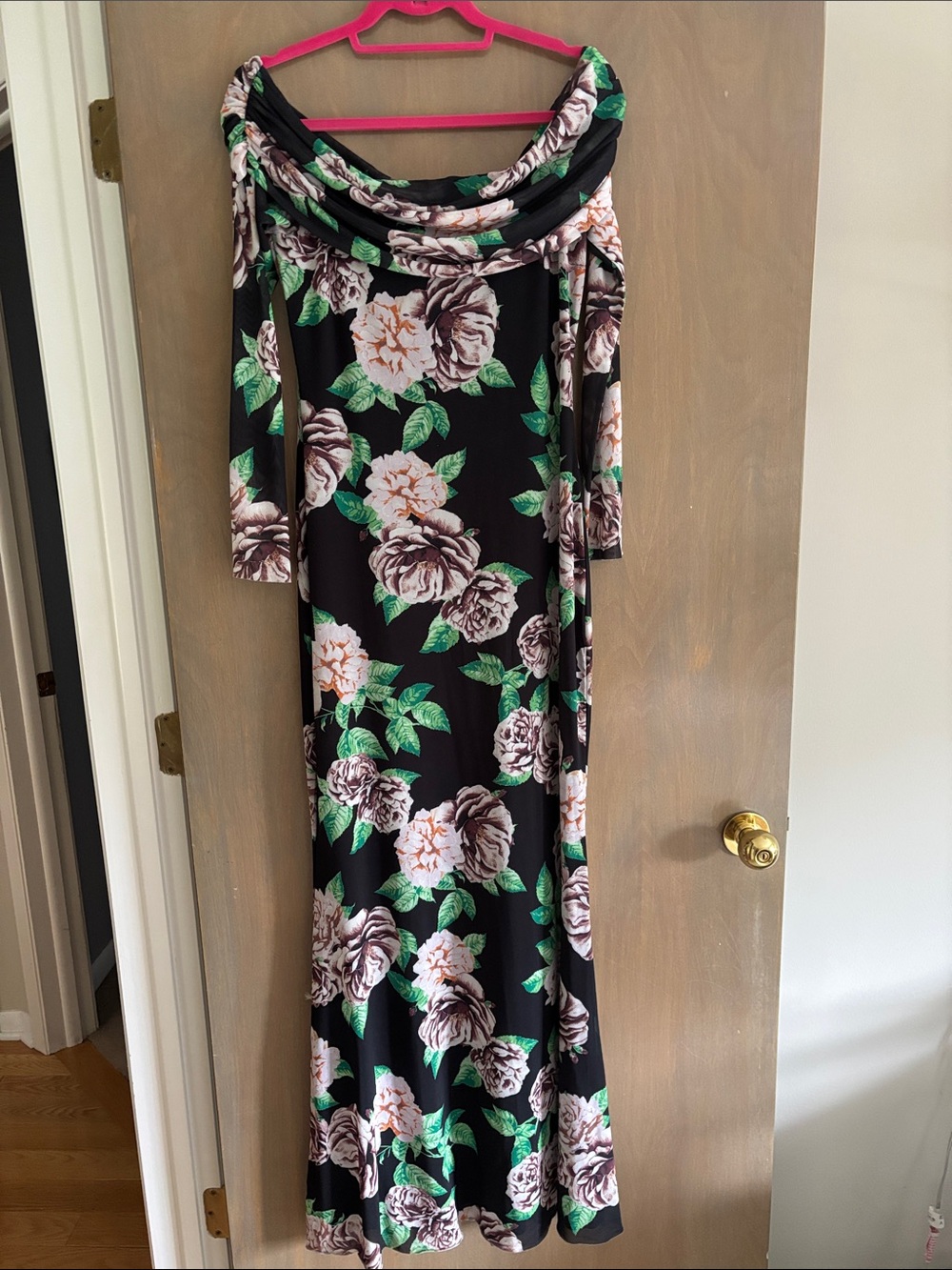 AFRM Black Floral Maxi Dress with Cream Roses and Green Leaves